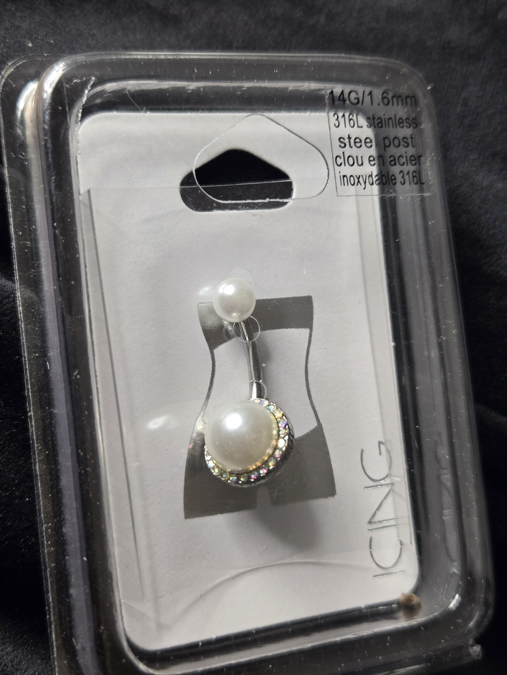 Pearl Rhinestone Border Belly Ring 14G Stainless Steel New Sealed